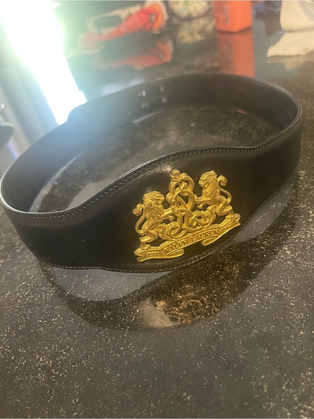 Ralph Lauren Blk Leather Belt with Gold Crest Emblem made in Italy size 30 RARE
